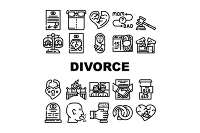 Divorce Couple Canceling Marriage Icons Set Vector