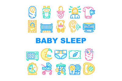 Newborn Baby Sleep Accessories Icons Set Vector