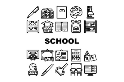 School Stationery Accessories Icons Set Vector