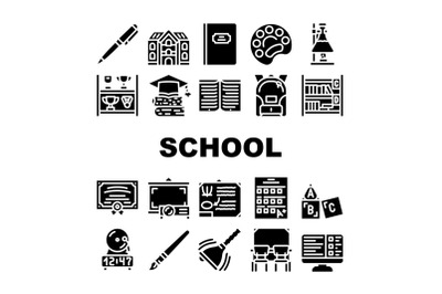 School Stationery Accessories Icons Set Vector