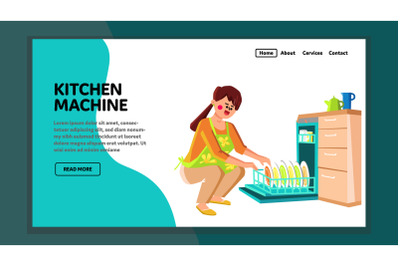 Kitchen Machine Woman Using For Wash Dishes Vector