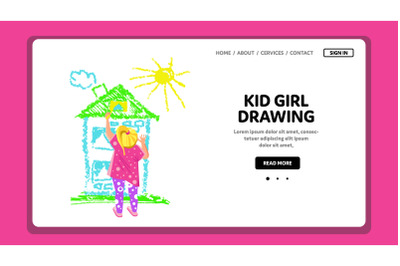 Kid Girl Drawing House And Sun With Crayon Vector