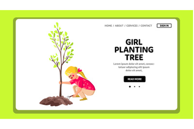 Child Girl Planting Tree In Garden Outdoor Vector