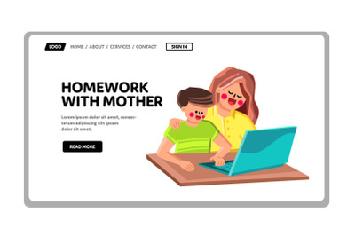 Boy Son Make Homework With Mother Together Vector