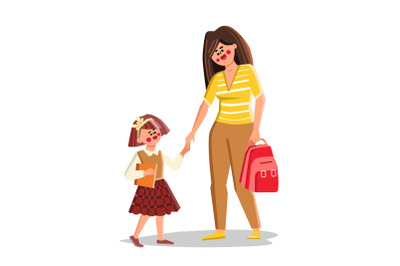 Woman Accompany Children Girl To School Vector