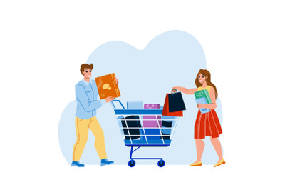 Shoppers Couple Goods Add To Cart In Market Vector