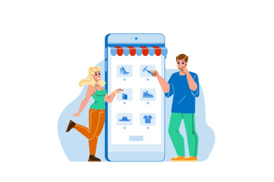 Couple Choosing Product In Smartphone App Vector