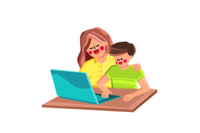 Boy Son Studying On Computer With Mother Vector