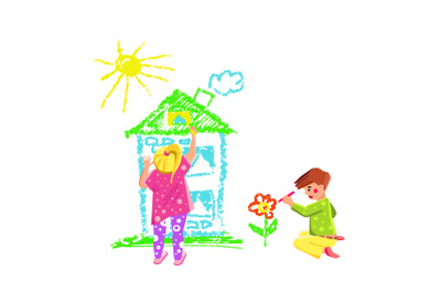 Boy And Girl Children Drawing With Crayon Vector