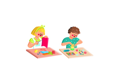 Boy And Girl Kids Crafting In Classroom Vector
