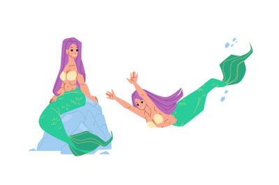 Mermaid Sit On Stone And Swim Underwater Vector