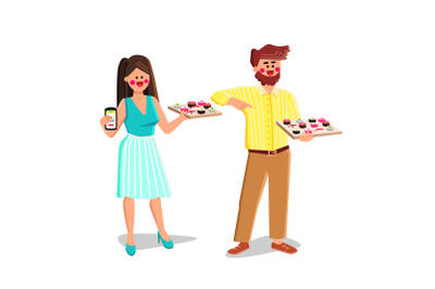 Order Sushi Food Man And Woman Together Vector