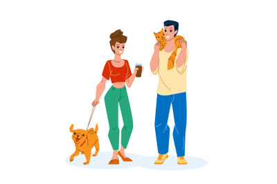 In Park Pet Walking Man And Woman Together Vector
