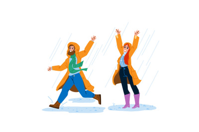 Raincoat Wearing Man And Woman In Rainy Day Vector