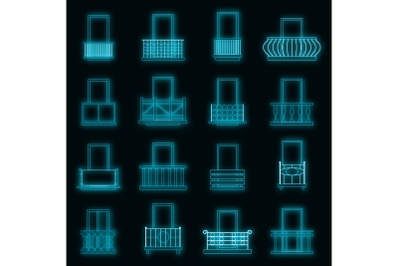 Balcony window forms icons set vector neon