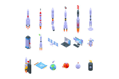 Spacecraft launch icons set isometric vector. Rocket ship