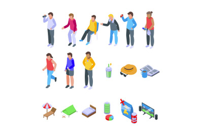 Resting athlete icons set isometric vector. Bored break