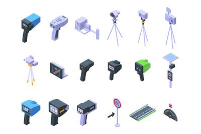 Speed radar icons set isometric vector. Alert camera