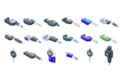 Digital micrometer icons set isometric vector. Ruler caliper