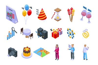 Event planner icons set isometric vector. App calendar