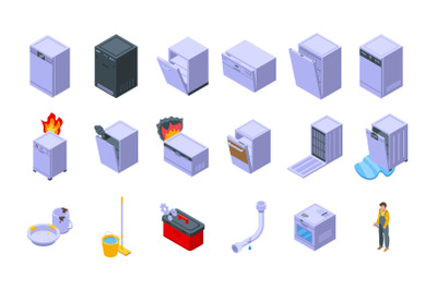 Repair dishwasher icons set isometric vector. Heating plumber