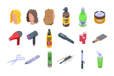 Curly hair care icons set isometric vector. Hair dandruff