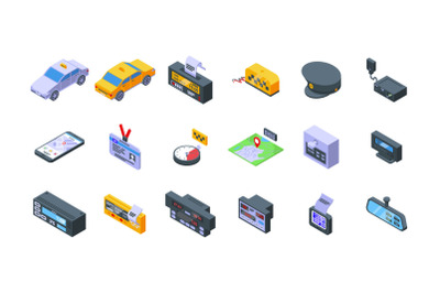 Taximeter icons set isometric vector. Auto trip