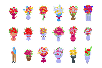 Bouquet icons set isometric vector. Flower basket