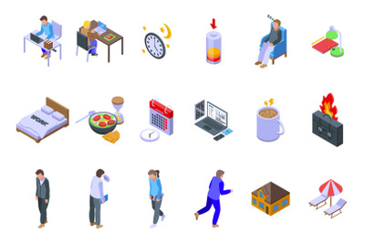 Late work icons set isometric vector. Daily hour