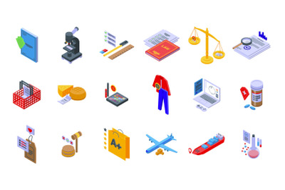 Regulated products icons set isometric vector. Control quality