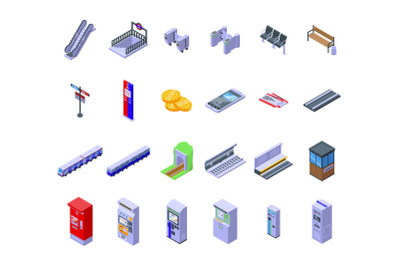 Subway ticket machine icons set isometric vector. Vending atm