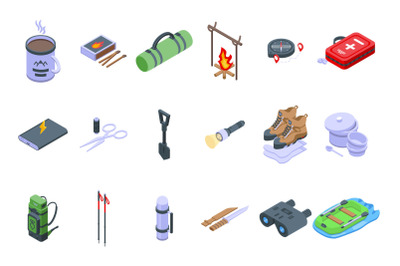 Expedition icons set isometric vector. Hiker adventure