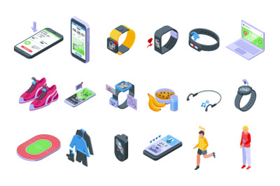 Runner app icons set isometric vector. Chart activity