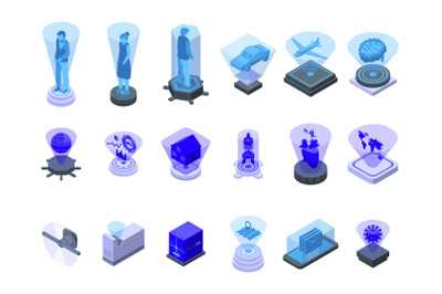 Hologram projection icons set isometric vector. Experience reality