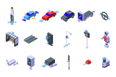 Road sensors icons set isometric vector. Traffic safety