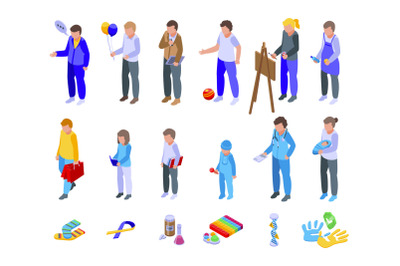 Syndrome down icons set isometric vector. Childcare disability