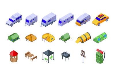 Campsite icons set isometric vector. Backpack activity