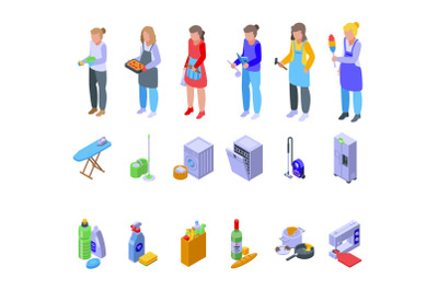 Housewife icons set isometric vector. Woman housekeeper