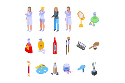 Morning treatments icons set isometric vector. Care shave