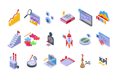 Performance management icons set isometric vector. Hypothesis stydy