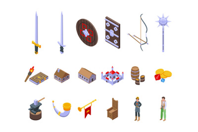 Medieval icons set isometric vector. History sword