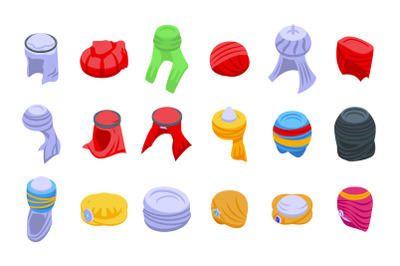 Arabic turban icons set isometric vector. Arab hat