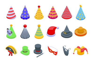 Party hats icons set isometric vector. Birthday cap