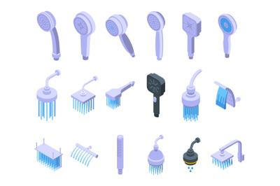 Shower heads icons set isometric vector. Water bathroom