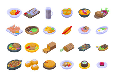 German cuisine icons set isometric vector. Cafe sausage