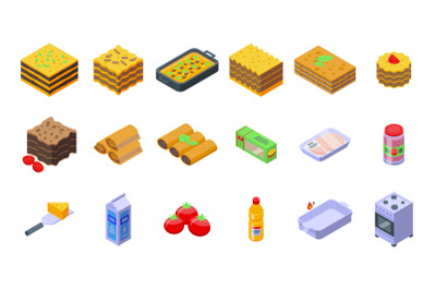 Lasagna icons set isometric vector. Cannelloni cuisine