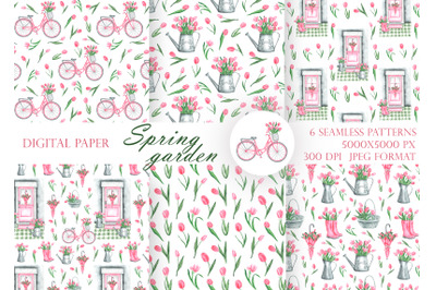 Tulips digital paper, seamless pattern. Spring garden, watering can