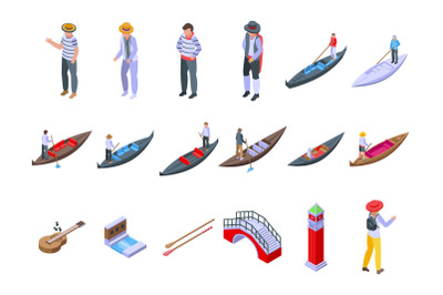 Gondolier icons set isometric vector. Venice bridge