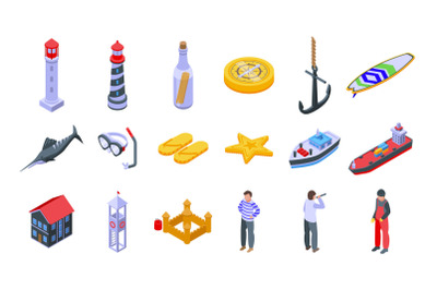 Seaside icons set isometric vector. Summer beach