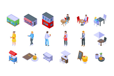 Street cafe icons set isometric vector. Adult city